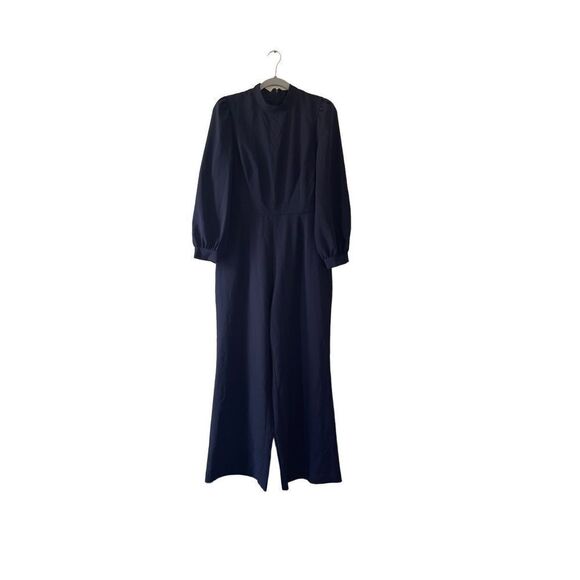Express mock neck puff sleeve wide leg navy jumpsuit size medium - Picture 1 of 8